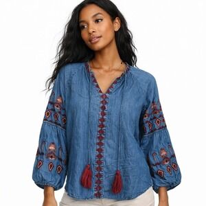 Altar'd State Womens Boho 100% Lyocell Embroidered Peasant Top Blue Gypsy Size M